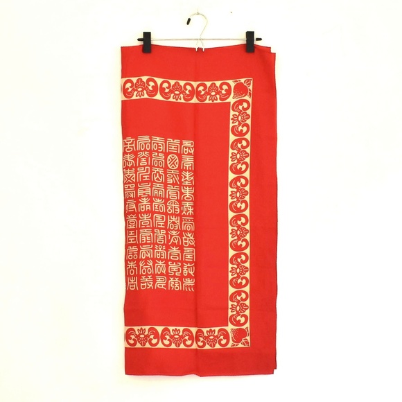 Silk Red and Tan Asian Characters Large Scarf - Picture 1 of 7